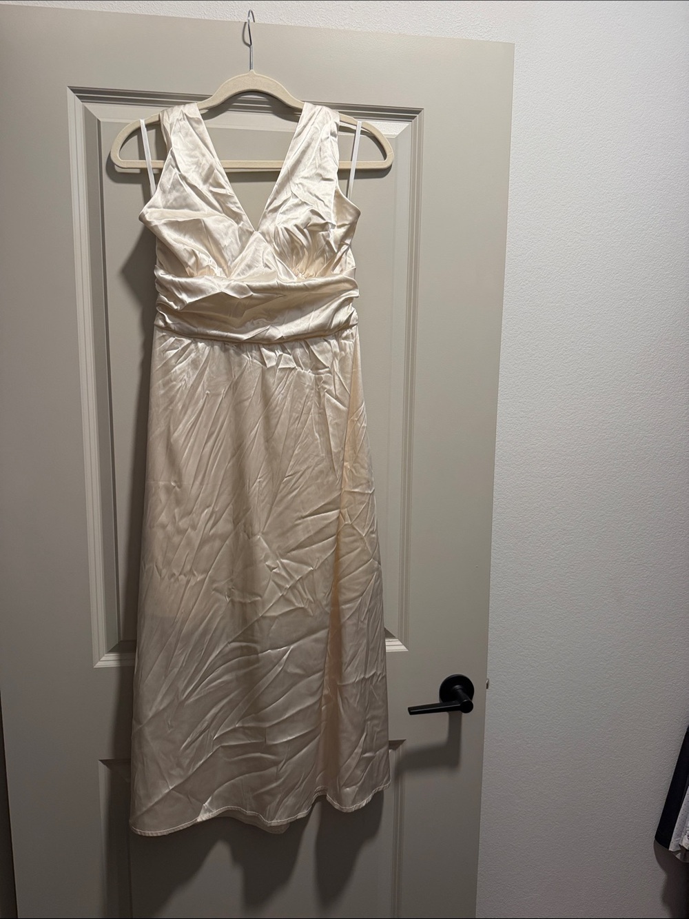 Ivory V-Neck Midi Dress, Tie Neck, Large